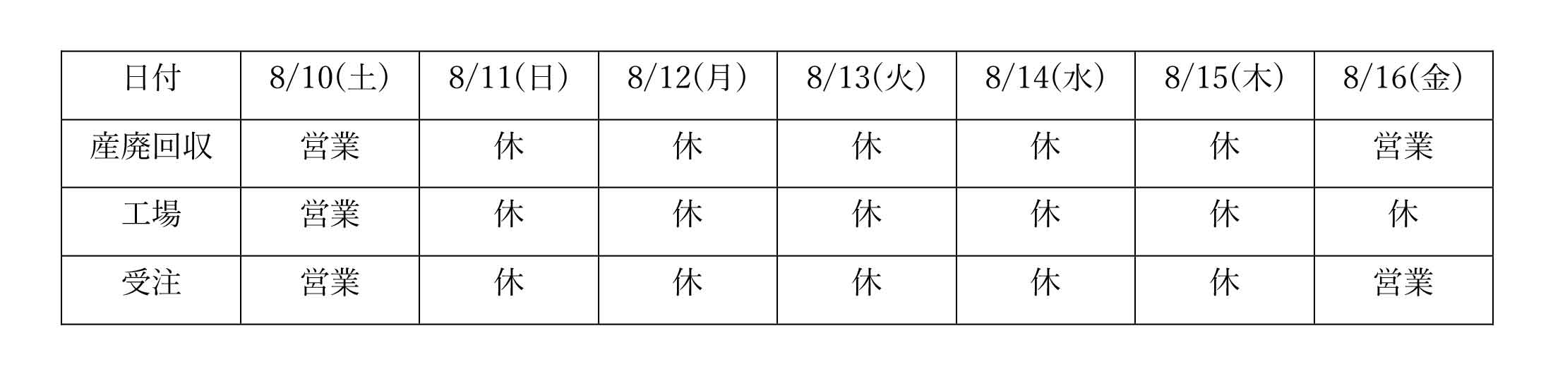 夏季休暇のご案内